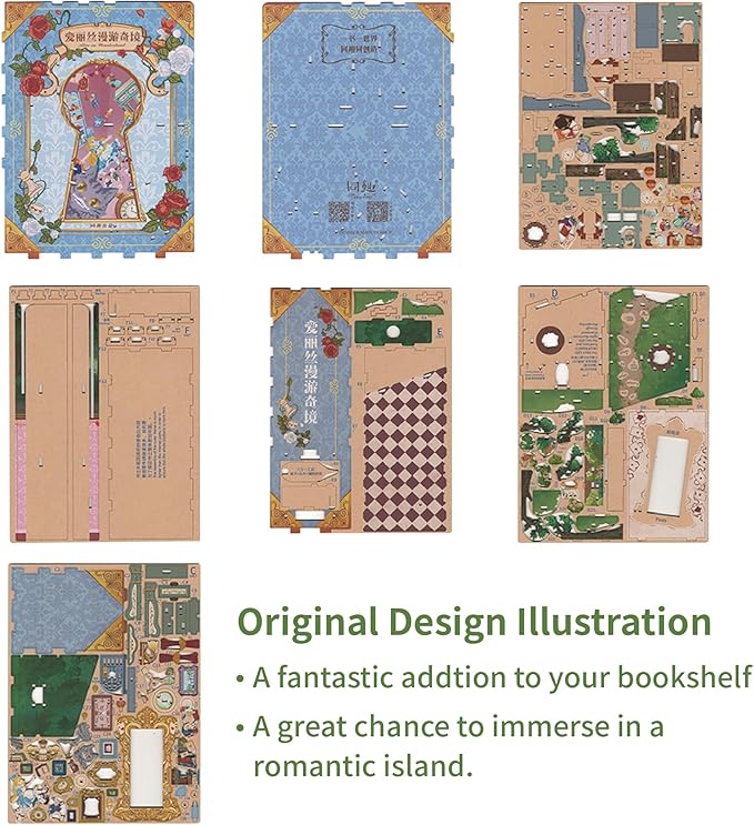 Tonecheer DIY Book Nook Kit for Adults,3D Wooden Puzzle Bookend Bookshelf Insert Library Decor, Booknook Miniature House Kit with Body Motion Sensor LED Light (Alice in Wonderland)