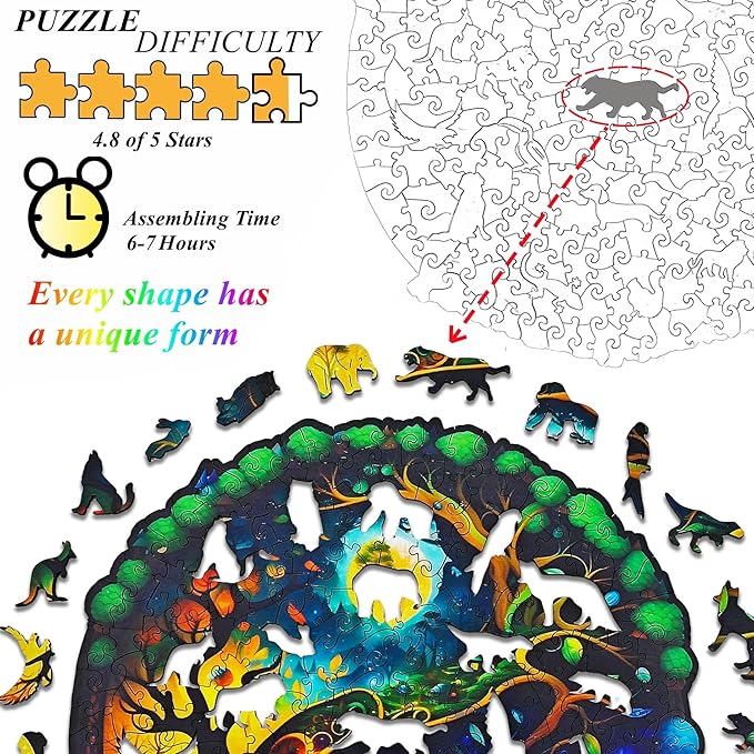 Wooden Jigsaw Puzzle for Adults,Night Tree House Animals Shaped Magic Puzzle Pieces Best Gift for Adults,Can be Used as a Cool Mouse Pad,241pcs,(13.38 * 13.38 inches)
