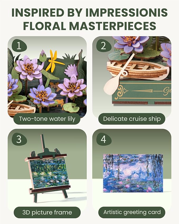 rowood Water Lily 3D Puzzle Building Set with LED,DIY Monet Wall Art Craft Kits for Adults,Home Decor Botanical Collection Gift for Teens Kids on Christmas
