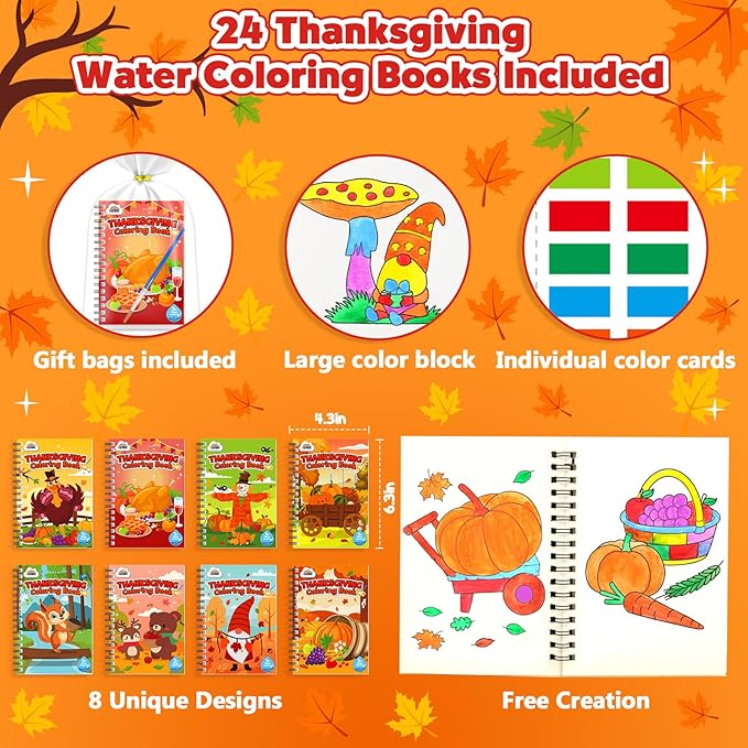 ZMLM 24 Water Coloring Books for Kids Party Favors - Bulk Mini Coloring Books for Kids Ages 4-8,Small Birthday Goodie Bag Stuffers School Teacher Return Gift Art Crafts Classroom Prizes (Thanksgiving)