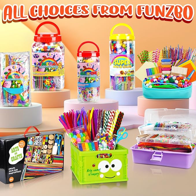 FUNZBO 1200pcs+ Arts & Crafts Supplies for Kids- Craft Kits with Pipe Cleaners, Pom Poms for Crafts, Popsicle Sticks for Craft, Craft for Kids Ages 4-8 Girls & Boys Birathday Gifts