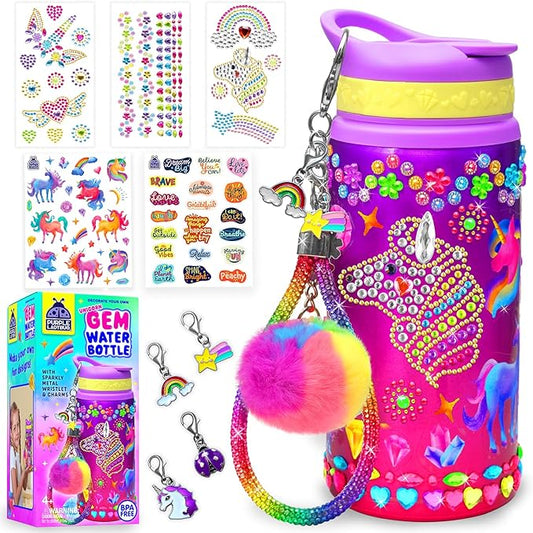 PURPLE LADYBUG Decorate Your Own Water Bottle Kit for Girls - Unicorn Design with Glitter Gem Stickers, Gifts for Girls Ages 5-8-10 Years Old Birthday, Fun Craft for Kids, Christmas Gifts Girl