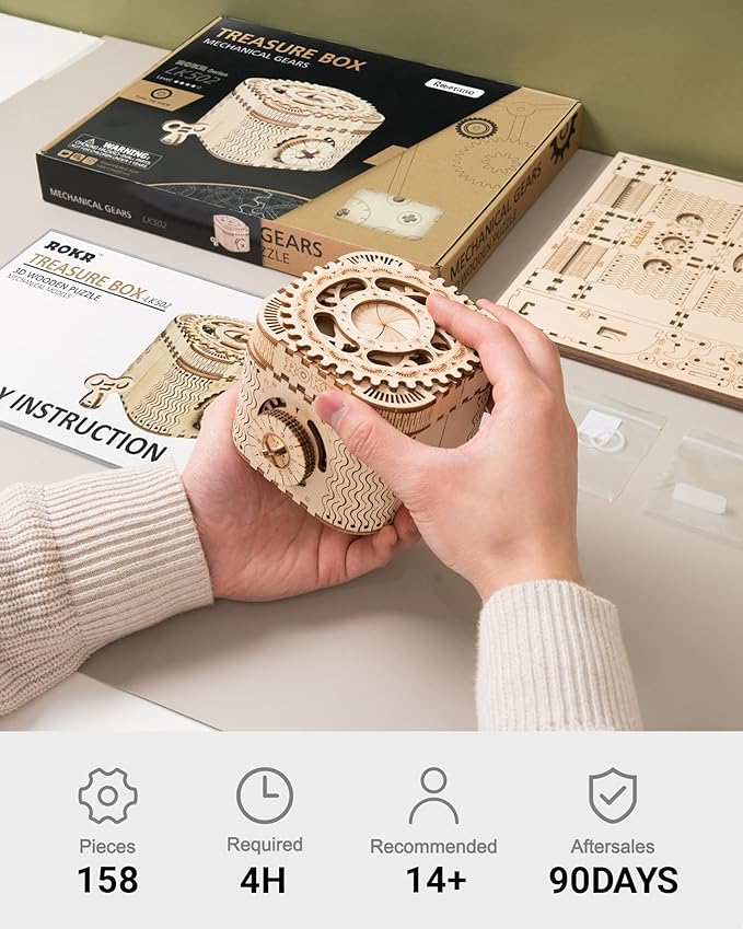 ROKR 3D Assembly Wooden Puzzle DIY Crafts Kit Fun Creative DIY Toy Treasure Box Brain Teaser Mechanical Engineering Model Building Kits Educational Toy Birthday Gift for Adults and Kids Age 14+