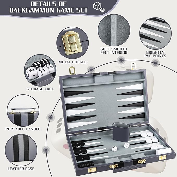 Froggod 15 inch Backgammon Sets for Adults - Classic Board Game for Adults - Portable Travel Backgammon Set for 2 Players - Perfect Adult Board Games for Gifts & Family Fun(Gray)