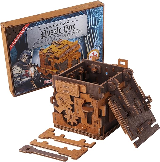 WOODEN.CITY Escape Room Puzzle Box – 3D Wooden Puzzle Box for Adults & Teens, Brain Teaser Puzzle Box Secret Lock Box with Cluebox Mechanism – Mechanical Wood Puzzle Box Kit, Unique Puzzle Boxes Gift