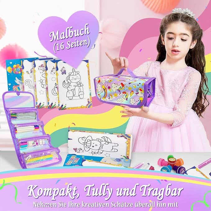 weirtoya 56 PCS Washable Scented Markers Set with Glitter Pencil Case, Mermaid Unicorn Arts and Crafts for kids 4-6-8 Kids Coloring Drawing Kits for 4-8 Years Old Girls Birthday Gifts