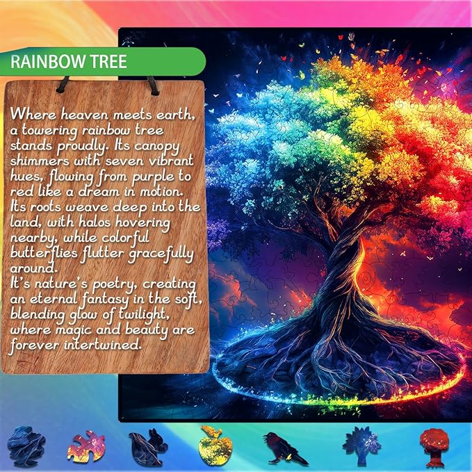 Wooden Jigsaw Puzzle, 200-500 Pieces Unique Shape Animal Puzzle, for Adults & Kids, Birthday Gift Family Game, Decorative Puzzle, Unique Gift (Rainbow Tree, 500 PCS)