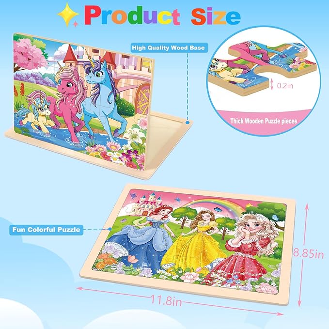 Wooden Puzzles for Kids Ages 4-6, Large 24 PCs Unicorn Mermaid Princess, Jigsaw Puzzles for Kids Ages 3-5, Preschool Educational Learning Toy for Boys and Girls