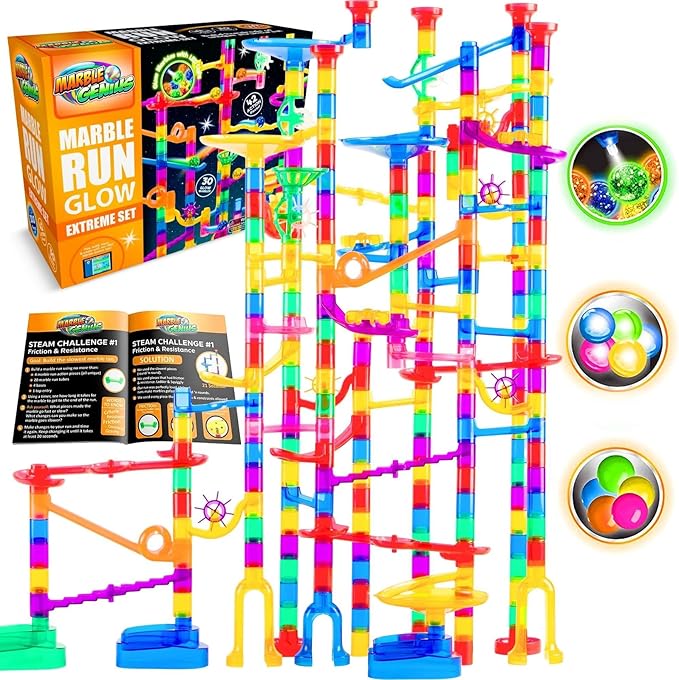 Marble Genius Glow Marble Run Track Race Super Set for Kids Age 4+ - 200 pcs, Glow in The Dark, STEM Educational Building Block, Color Instruction Manual, Great Gifts for Kids