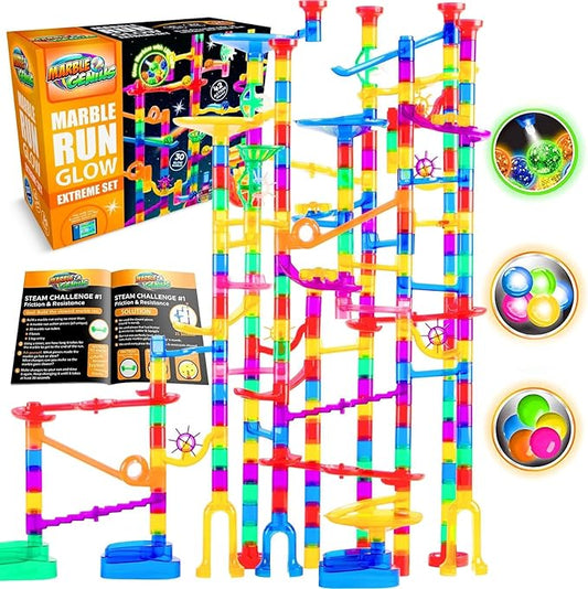 Marble Genius 300 pcs Glow Marble Run Track Race Extreme Set for Kids Age 4+, Glow in The Dark, STEM Educational Building Block, Color Instruction Manual, for Kids