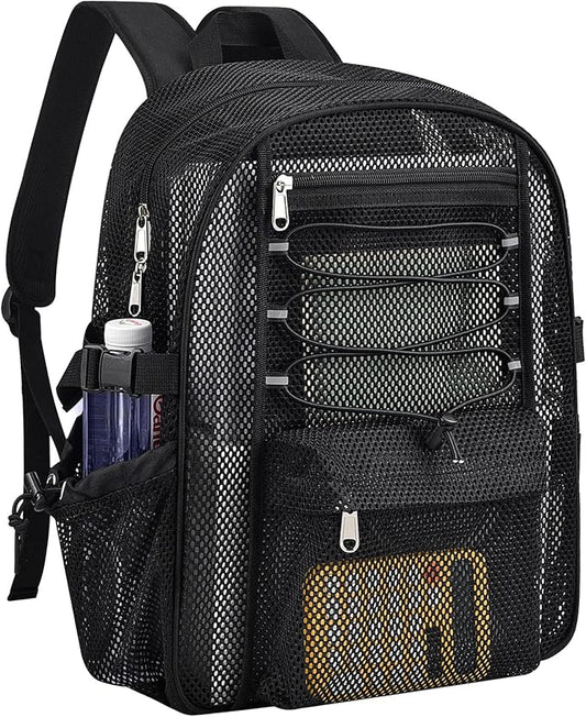 Mesh Backpack Heavy Duty for School, 23L Mesh Bookbag for Adults, See Through Black Mesh School Bag with Laptop Pocket for Work Swimming Beach Fitness Sport
