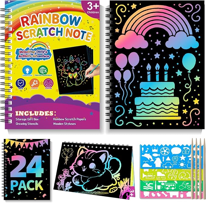 HXDOGSP Scratch Art for Kids: 24 Pack Rainbow Scratch Paper Party Favors - Art Crafts Notebook Suitable for Birthday Gifts/School Crafts Kit/Classroom Prizes for Girls and Boys Aged 4-12