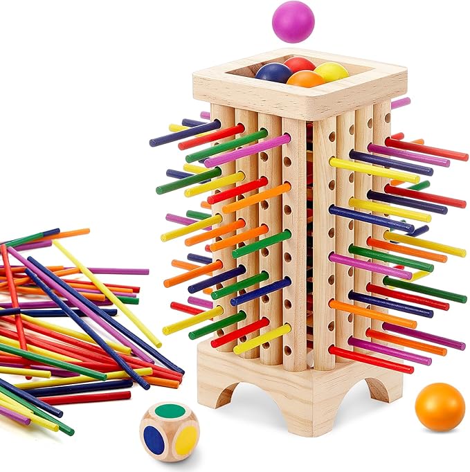 Montessori Game with Colorful Wooden Sticks Tower Dice Ball Wooden Board Games Fine Motor Skills Counting Math Educational Toys for Family Travel(Square)