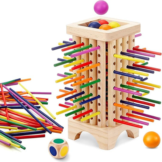 Montessori Game with Colorful Wooden Sticks Tower Dice Ball Wooden Board Games Fine Motor Skills Counting Math Educational Toys for Family Travel(Square)