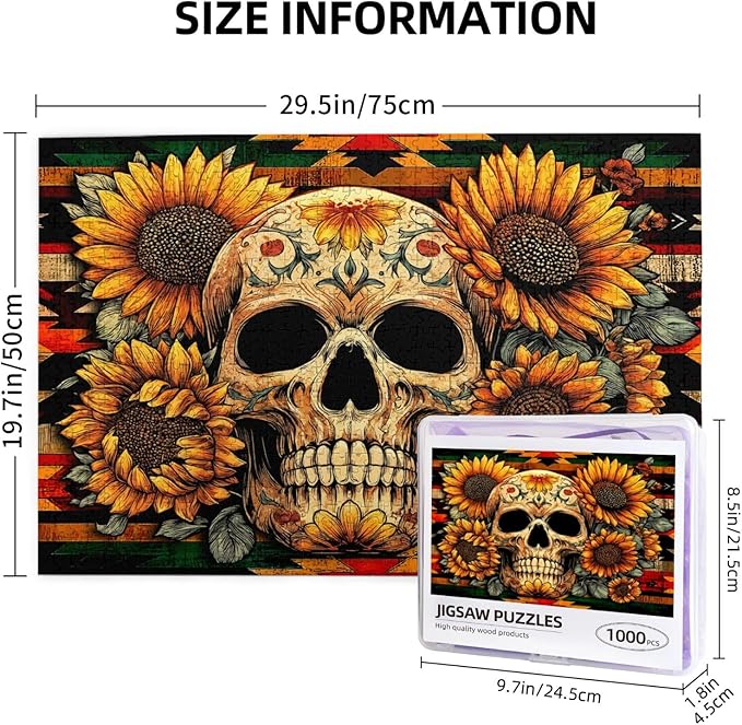 Horror Skull Halloween Puzzles for Adults 1000 Piece Colorful Sunflower Skeleton Jigsaw Puzzle Gothic Holiday Party Gifts Puzzle Home Decor