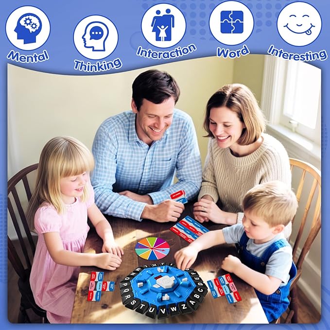 Family Board Word Games for Kids & Adults w/Display Timer, Fast Paced 24-Letter Learning Party Card Game with Spinning Penalty Wheel, 2 Modes & 220 Topics, Xmas & Birthday Gifts, Blue