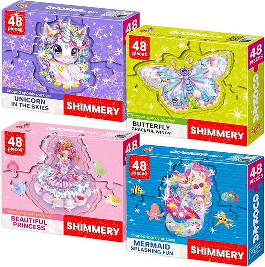 QUOKKA Shimmer Puzzles for Kids Ages 4-6 – 48 Piece Shaped Jigsaw Puzzles for Toddlers 3-5 – 4-Pack Princess, Mermaid, Butterfly & Unicorn Children's Game Ages 4-8 – Unique Gift Toy for Preschoolers