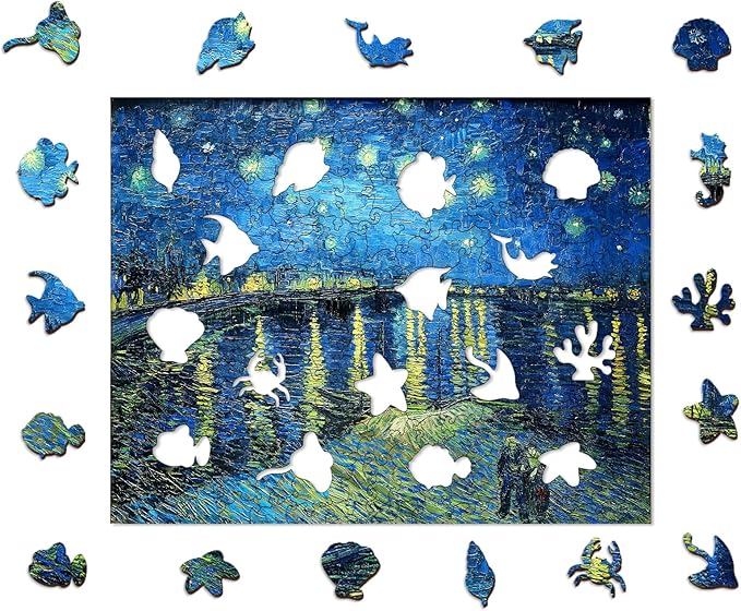 Wooden Jigsaw Puzzles, Wooden Puzzles for Adults, Starry Night Over The Rhone Unique Shape Wood Puzzles, 200 Pcs, Vincent Van Gogh Star Wall Art Decoration for Home