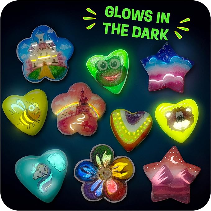 Heart, Flower & Star Shaped Rocks - Glow in The Dark Rock Painting Kit for Kids - Arts & Crafts Toys for Kids Ages 6-12 - Valentines Day Craft Kits - Birthday Gifts for 6 7 8 9 10 11 12 Year Old Girls