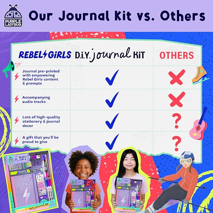 PURPLE LADYBUG Rebel Girls DIY Journal Kit - 50+ Crafting Accessories, Journaling Kit for Girls Ages 8-12, Ideal Birthday Gift for 8-12 Teens and Tweens, Empowering Creativity & Self-Expression