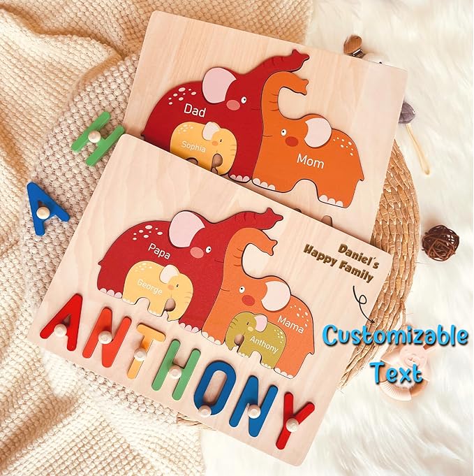 Personalized Baby Name Puzzle | Custom Wooden Baby Toy for Toddlers 1-3 Age 3+ | Montessori Learning Toys for Boys & Girls | Perfect Kids Gift for First Birthdays & Christmas (Elephants)