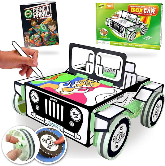 JUNKO DIY Toy Car Kit for Kids – Build, Color & Customize – Pull-Back Car – STEM Craft Project Ages 6–10 – Recycled, Reusable, Fun for Parent & Child