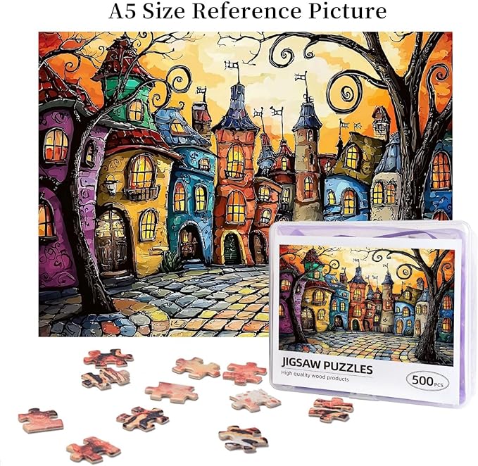 Fairytale House Colorful Houses Puzzles for Adults 500 Pieces, Fairy Tale Town，Charm Town，Whimsical Jigsaw Puzzle,Magic Puzzle Art，Challenging for Night Game