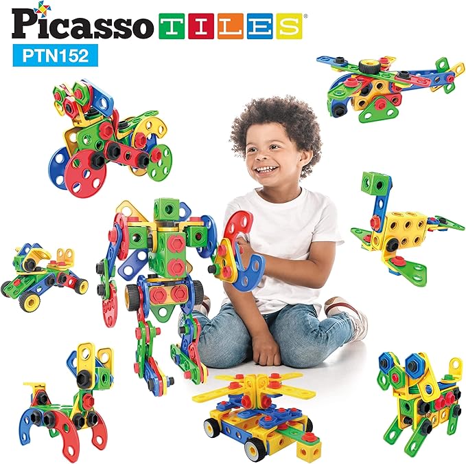 PicassoTiles 152pc STEM Construction Toy Building Set for Kids Ages 3+ Includes Power Drill, Ratchet, Idea Book, Storage Box Educational Engineering Science Kit & Sensory Toys for Boys & Girls PTN152