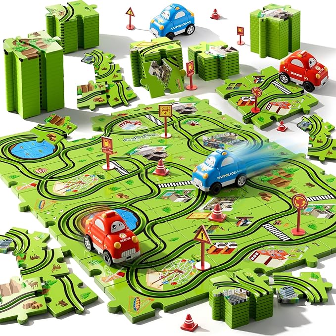 48PCS Puzzle Race Track Car Set for Toddlers Kids Boys, Toddler Toys Gifts for 3 4 5 Year Old Boys and Girls, Floor Puzzle Tracks Car Toys for Ages 3-5 4-6
