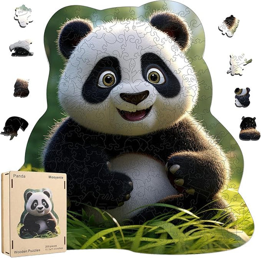 Wooden Jigsaw Puzzle, 200 Pcs Unique 3D Shape Jigsaw Puzzles, Wood Puzzle Gift Box Packing, Medium Size Letter, Creative Gift for Adults and Kids, Fun Challenging (200PCS, Panda)