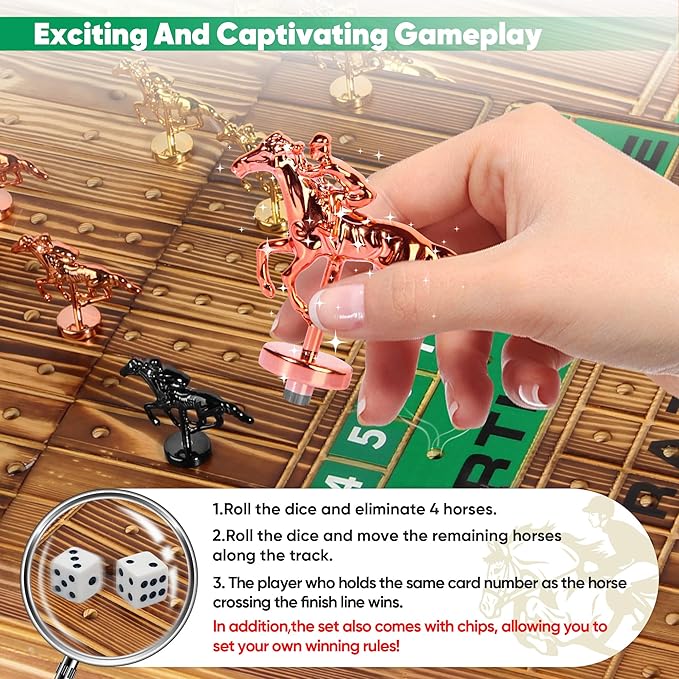 Large 22.8 inches Foldable Horse Race Board Game for Adults, Thickened Solid Wood with 11 Luxurious Durable Classic Metal Horses, 143 Chips, 2 Dice, 2 Boxes of Cards
