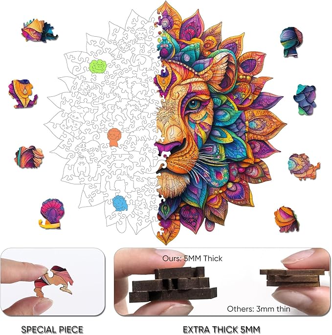 Lion Wooden Puzzles for Adults 200 Pieces,Unique Irregular Shape Mandala Wooden Jigsaw Puzzles for Adults and Kids,Creative Gift,Extra Thick 5MM,11.2x11.1 Inch