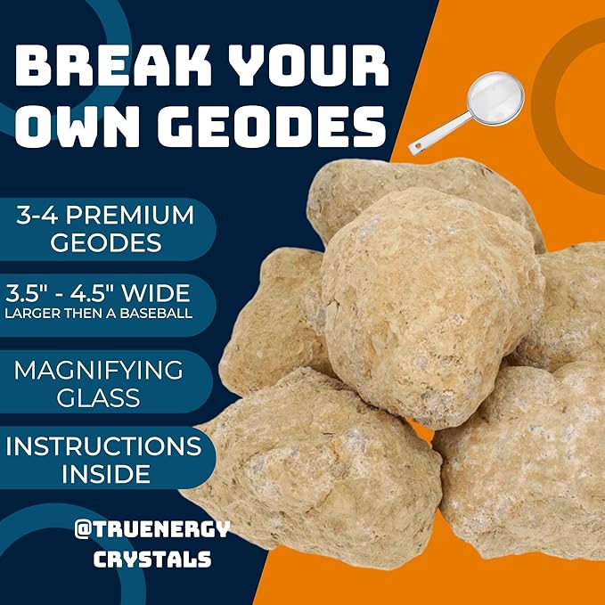 Break Your Own Geode Kit – 3 to 4 Natural Geodes 3.75 to 4.5 Inch Premium Crack-Open Experience + Tools + Geologist Guide – Less Effort for Easy Reveal – STEM Activity + Collectable Gems - X-Large