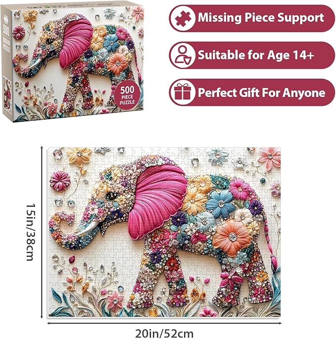 Puzzles 500 Pieces for Adults, Elephant Jigsaw Puzzle 500 Pieces for Adults Seniors Kids, Colorful Crystal Flower Puzzles Beautiful Diamond Art Puzzle Challenging, Family Game Great Gift 20.5 * 15in