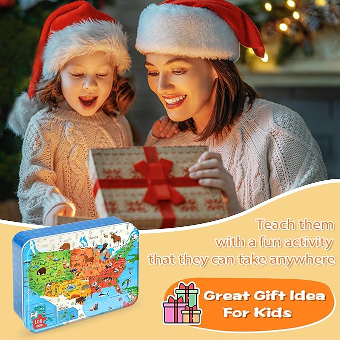 LELEMON Puzzles for Kids Ages 4-6,Animal Map 100 Piece Puzzles for Kids Ages 4-8 in a Metal Box, Educational Jigsaw Puzzles 100 Piece Puzzle Games Puzzle Toys for Girls and Boys