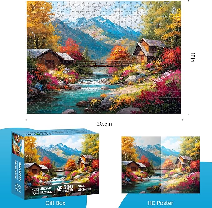500 Piece Puzzles for Adults, Autumn Wooden Houses 500 Piece Puzzle, Beautiful Mountain Landscape Jigsaw Puzzle, Perfect for Family Game Night, Wall Decor, Gift for Adults, Kids, Seniors, 20.5 x 15 in