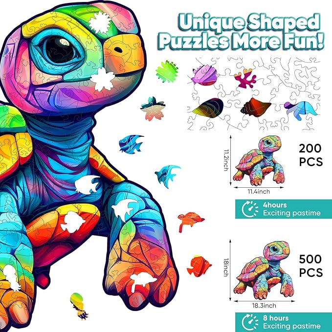 Leodozzio Wooden Puzzles for Adults, Colorful Turtle Jigsaw Puzzles 500 Pieces-5MM Thickness, 18x18.3 Inch, Unique Shaped Wooden Puzzle, Birthday Gift Family Game