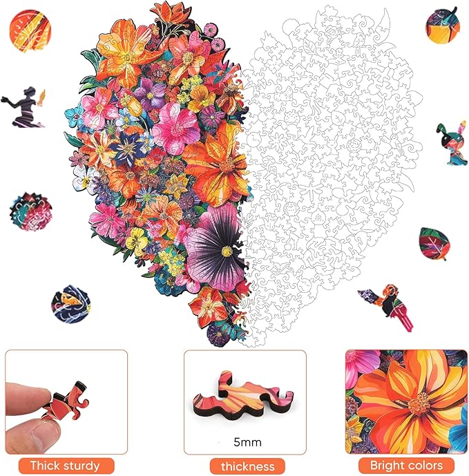 Mys Aurora Puzzles for Adults Heart Flower Wooden Puzzles, 300 Pieces Unique Shaped Jigsaw Puzzles, Birthday Gifts for Mom Adults and Kids, Fun Challenge Family Game 12.6 x 12.2 Inch