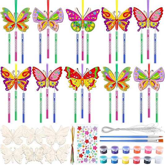 JellyArch 30 Pack Butterfly Wind Chime Making Kit for Kids Make Your Own Wind Chime Butterfly Wooden Crafts Ornaments for Girls Boys DIY Activity Birthday Spring Summer Decoration