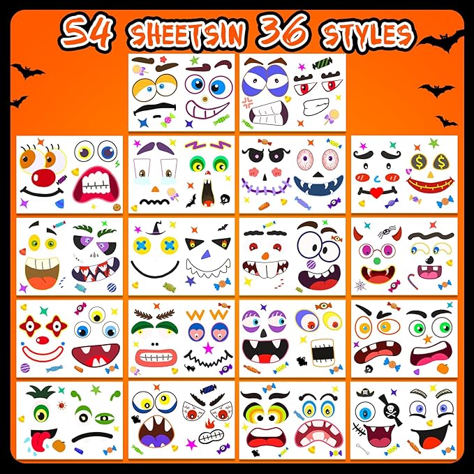 Natonhi 108 Pack Pumpkin Decorating Kit Halloween Pumpkin Face Stickers, Halloween Crafts Pumpkins Expressions Decorations, Creative Games Gifts Party Supplies for Kids