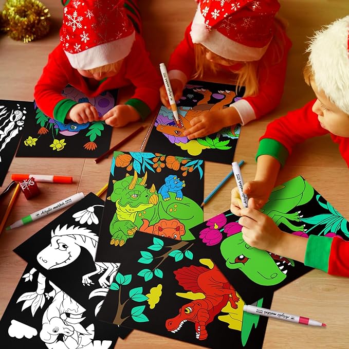 Zhanmai 48 Pack of 8 x 10 Inches Back to School Dinosaur Velvet Coloring Posters Party Favors and 12 Pcs Watercolor Pens for Adults Teenagers Large Poster for Classroom Holiday Arts Crafts