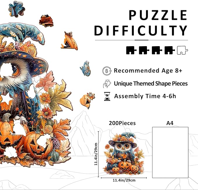 Wooden Puzzles for Adults - 200 Pieces Halloween Owl Puzzle - Unique Animal Shapes Wooden Jigsaw Puzzles for Adults - Eco-Friendly Animal Puzzle Home Office Decor (M-11.4 * 11.4in)