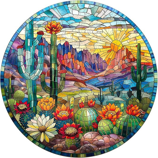 Wooden Jigsaw Puzzle for Adults, Stained Glass Cactus Wooden Puzzles for Adults 100 Pieces, Colorful Plant Succulent Wood Puzzles Adult, Unique Shape, Fun Gifts for Friend, Home Decor(S -8.5 * 8.5in)