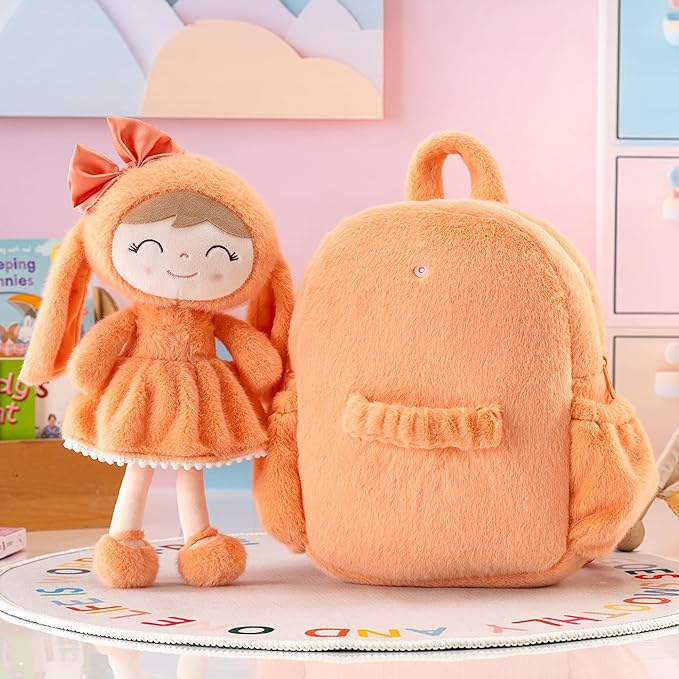 Gloveleya Back to School Gifts for Girls Toddler Backpack Plush Bag with Detachable Orange Rabbit 11 Inches Gift for Baby Girl Aged 2+