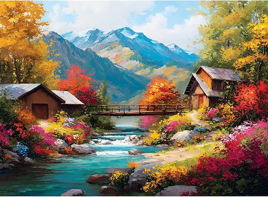 500 Piece Puzzles for Adults, Autumn Wooden Houses 500 Piece Puzzle, Beautiful Mountain Landscape Jigsaw Puzzle, Perfect for Family Game Night, Wall Decor, Gift for Adults, Kids, Seniors, 20.5 x 15 in