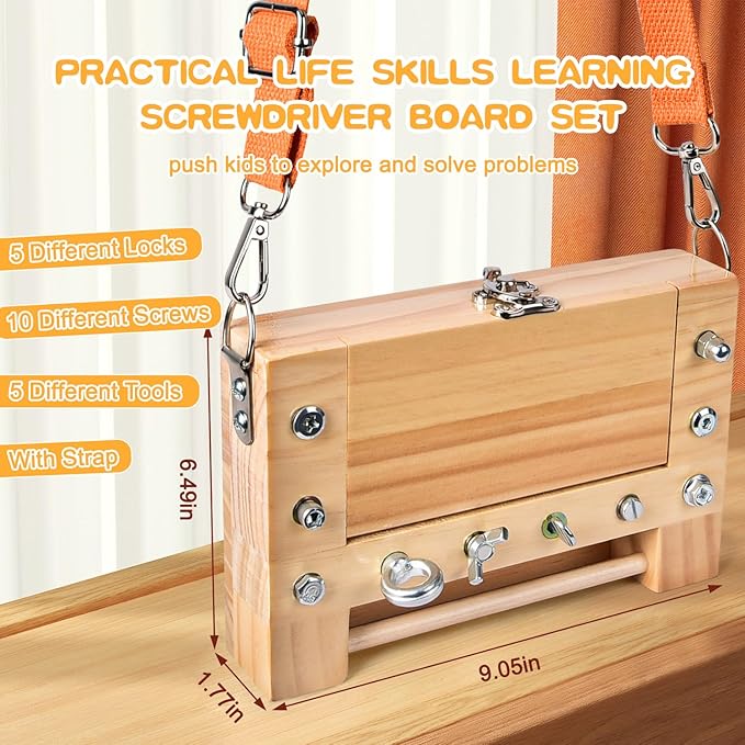 Screwdriver Board-Montessori Toy Lock and Key Toy Set for Kids, Storage Wooden Tools Preschool Sensory Toys for 3 +Year Old