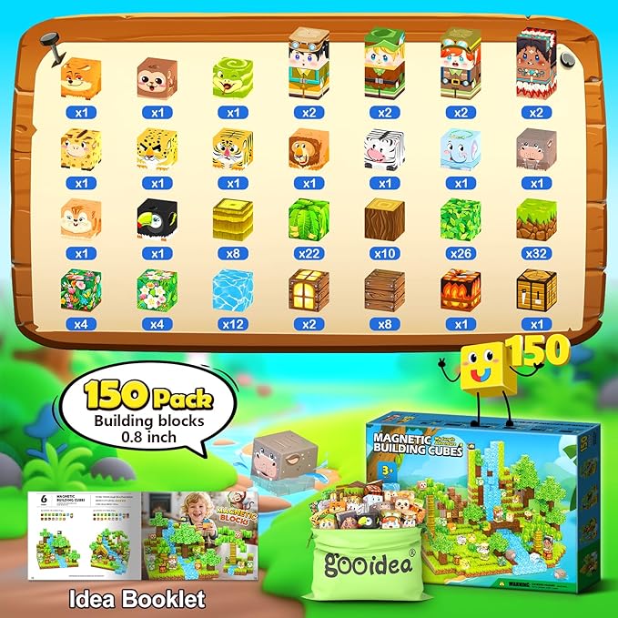 150 Magnetic Blocks – Mine Magnet Game Building Craft, STEM Constructions Toy, Jungle Animals, Sensory Stacking Cubes Kids Toys, Christmas Birthday Gifts for Boys Girls Age 3-5, 5-7, 4-8, 8-12