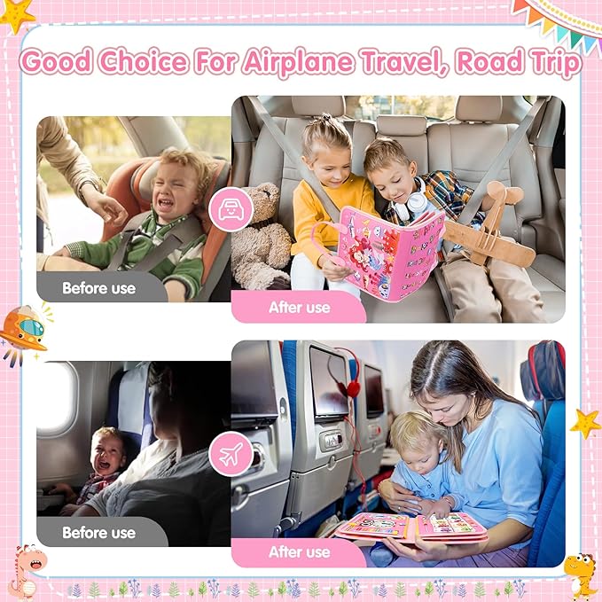 2 Year Old Girl Christmas Birthday Gift - Montessori Busy Board Book for Toddler Girls (Age 1-3), Sensory Learning Activity Toys, Road & Airplane Travel Toys