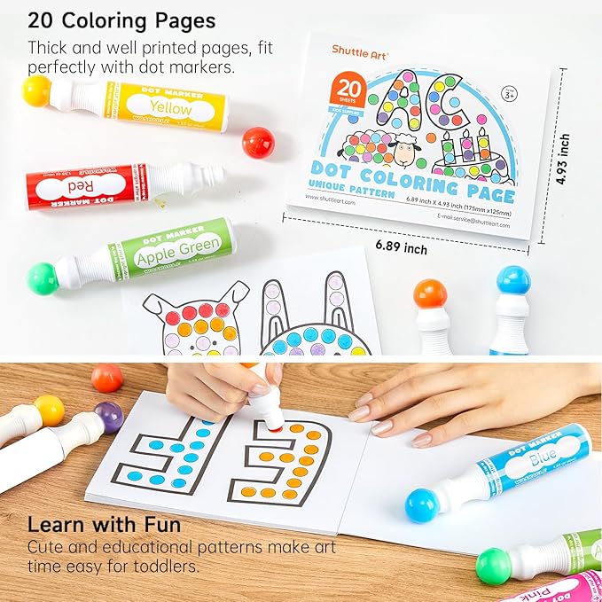 Shuttle Art Dot Markers, 14 Colors Bingo Daubers with 20 Unique Patterns of Dot Book for Toddler Art Activities, Non-Toxic Washable Coloring Markers for Preschool Kids Learning