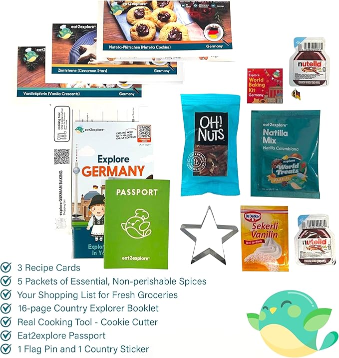 Kids Real Dessert Baking Kit for Families - Interactive & Educational Kit Includes 3 Recipe Cards with Key Ingredients, Baking Tools - Ideal Gift for Kids with Explorer Guide (Explore Germany)